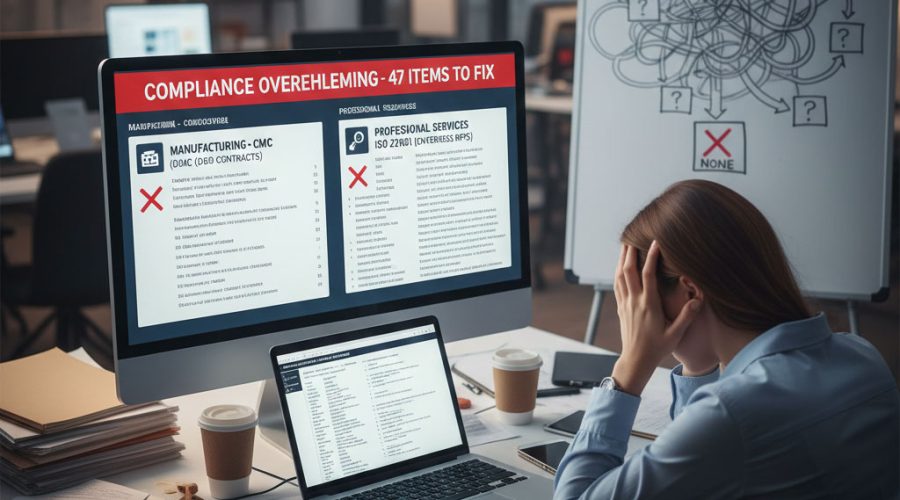 Stressed business professional reviewing “Compliance Overwhelming - 47 Items to Fix” report — McNallan Technology Solutions Technology simplifies regulatory IT compliance for MN businesses