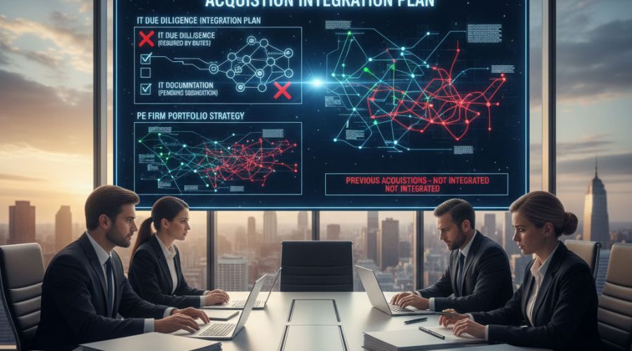 Executive team reviewing “Acquisition Integration Plan” on digital screen — enterprise-grade IT strategy and system integration services by McNallan Technology Solutions Technology