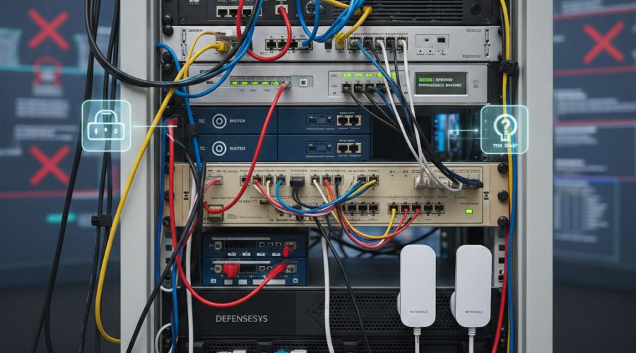Organized server rack with labeled cables and security icons — managed infrastructure by McNallan Technology Solutions Technology for secure, compliant Minneapolis businesses