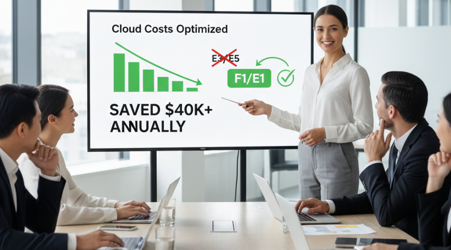 Business presenter showing “Cloud Costs Optimized” with $40K+ annual savings — expert Microsoft 365 license optimization and cost reduction services by McNallan Technology Solutions Technology MN