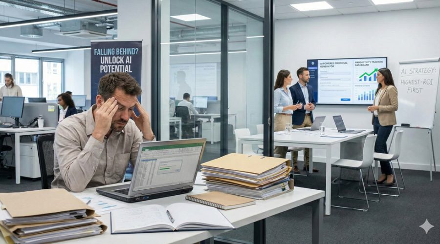 Stressed employee buried in paperwork while team presents “AI-Powered Proposal Generator” — let McNallan Technology Solutions Technology help your MN business harness AI for productivity and growth