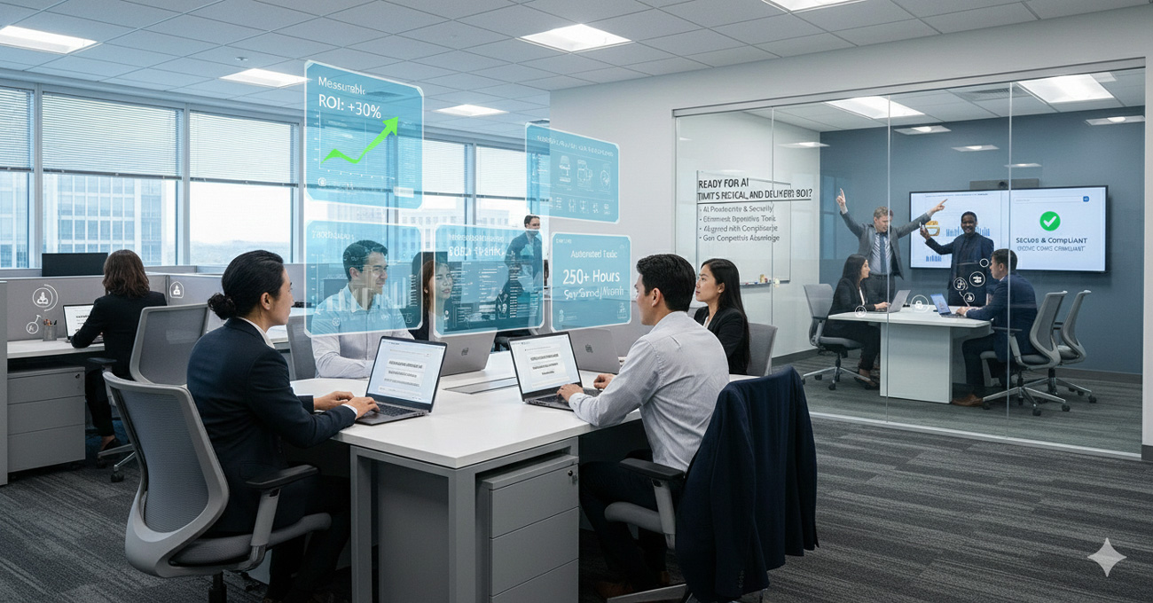 A bright open office where a McNallan team works at laptops beside screens showing AI productivity dashboards