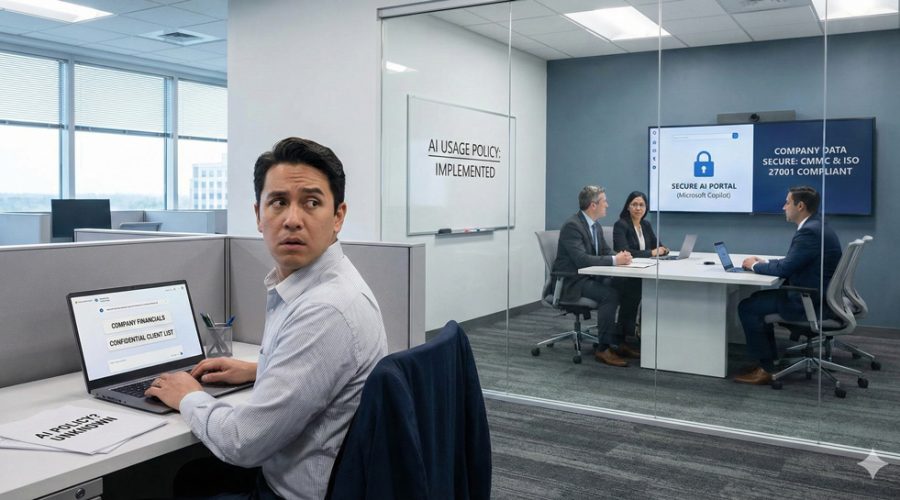 Employee looking over shoulder at laptop labeled “Company Financials” while team discusses “Secure AI Portal (Microsoft Copilot)” — governed, compliant AI strategy by McNallan Technology Solutions Technology in Minneapolis