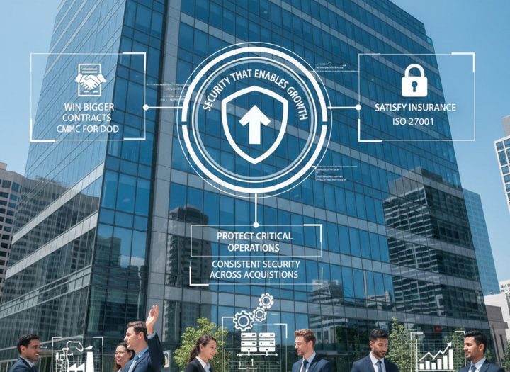 Business team outside modern office with “Security That Enables Growth” overlay — protect critical operations, satisfy insurance, and win bigger contracts with McNallan Technology Solutions Technology’s cybersecurity solutions