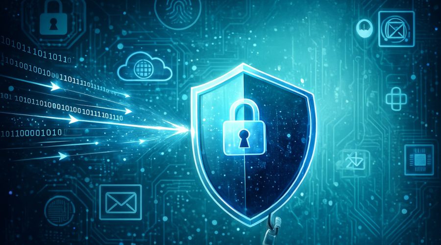 Digital shield protecting data streams over circuit board backdrop — encrypted, monitored, and compliant network security services for MN businesses by McNallan Technology Solutions Technology