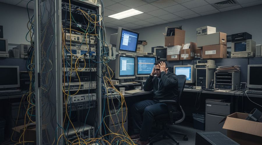 Overwhelmed IT technician surrounded by tangled cables and outdated hardware — McNallan Technology Solutions Technology transforms messy server rooms into efficient systems in MN