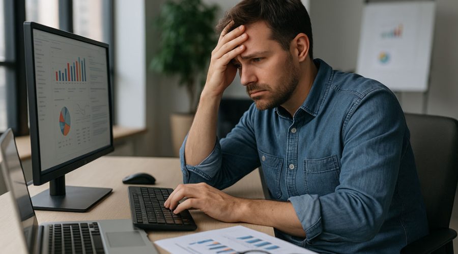 Frustrated businessman at desk with data charts and laptop — fast IT troubleshooting and support from McNallan Technology Solutions Technology in the Twin Cities