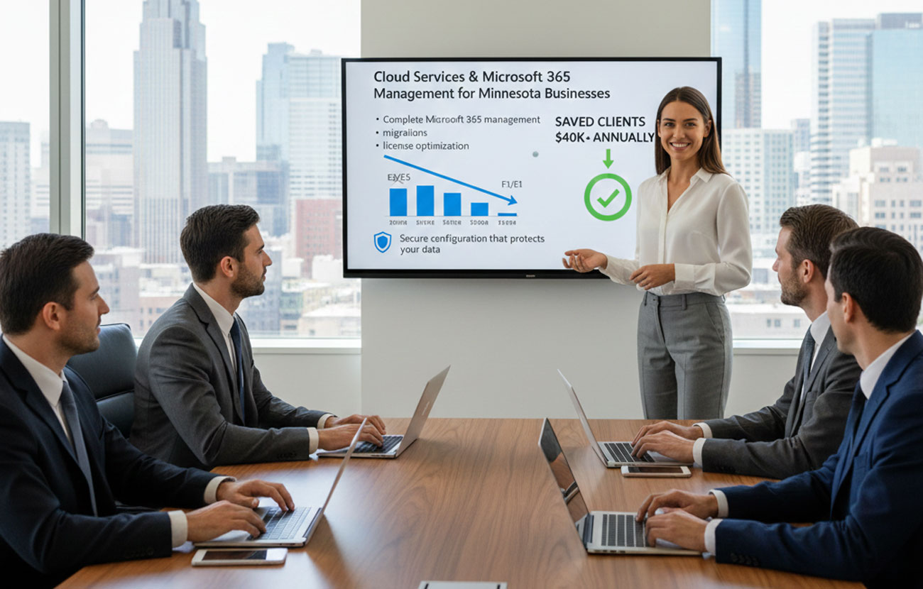 A presenter walks business leaders through a Cloud Services & Microsoft 365 Management slide showing $40K+ in annual savings