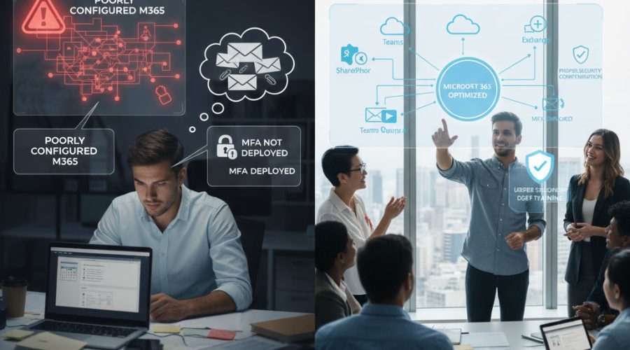 Split view: stressed employee with “Poorly Configured M365” vs. team celebrating “Microsoft 365 Optimized” — expert MFA deployment and security configuration by McNallan Technology Solutions Technology