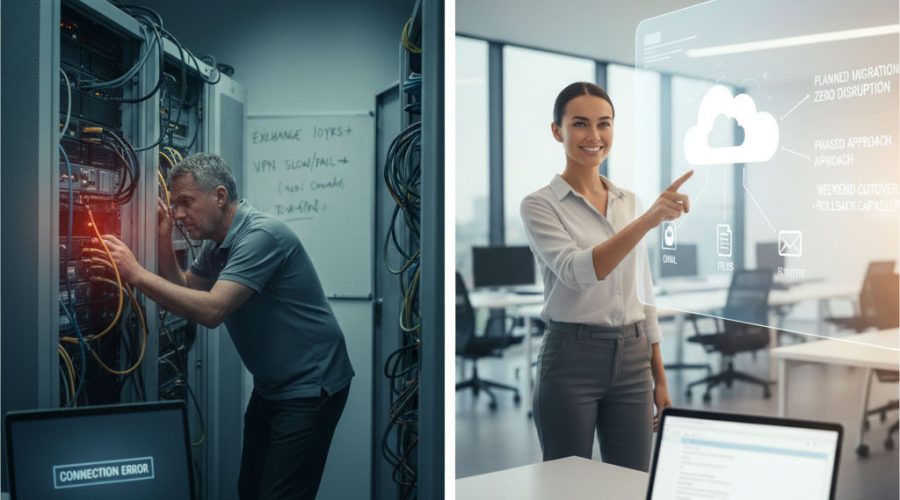 Technician fixing server with “Connection Error” vs. woman presenting “Planned Migration, Zero Disruption” — stress-free IT infrastructure upgrades by McNallan Technology Solutions Technology in Minneapolis