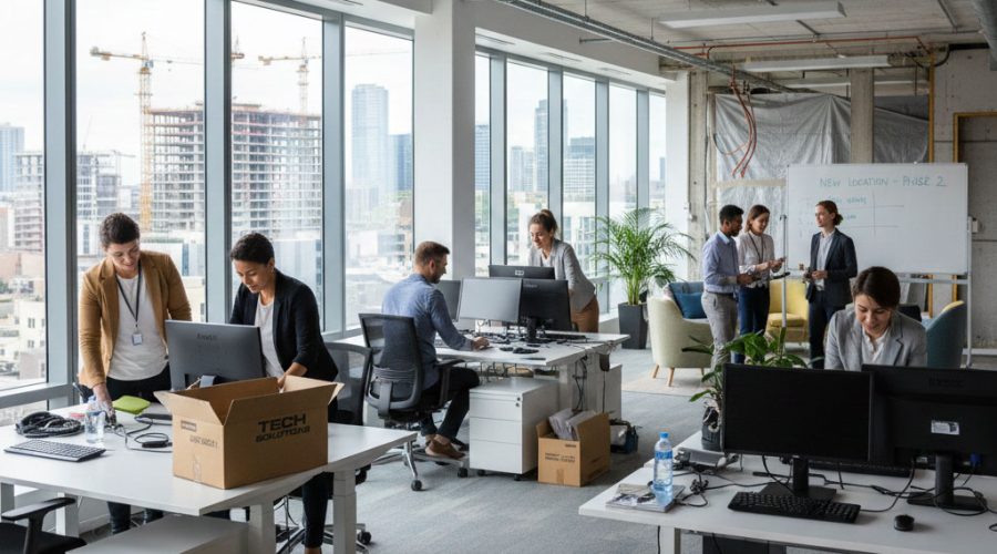 Business team setting up workstations during office move with “TECH SOLUTIONS” boxes — professional IT deployment services by McNallan Technology Solutions Technology in Minneapolis