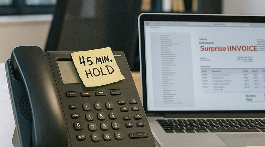 Office phone with “45 MIN. HOLD” sticky note next to laptop showing invoice — end frustrating delays with responsive, no-wait IT helpdesk services from McNallan Technology Solutions Technology MN